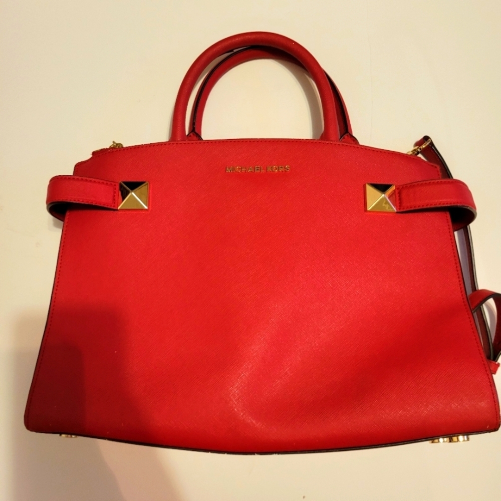 Michael‎ Kors Karla Red Leather Satchel w. Gold Hardware Office Siren Maximalist